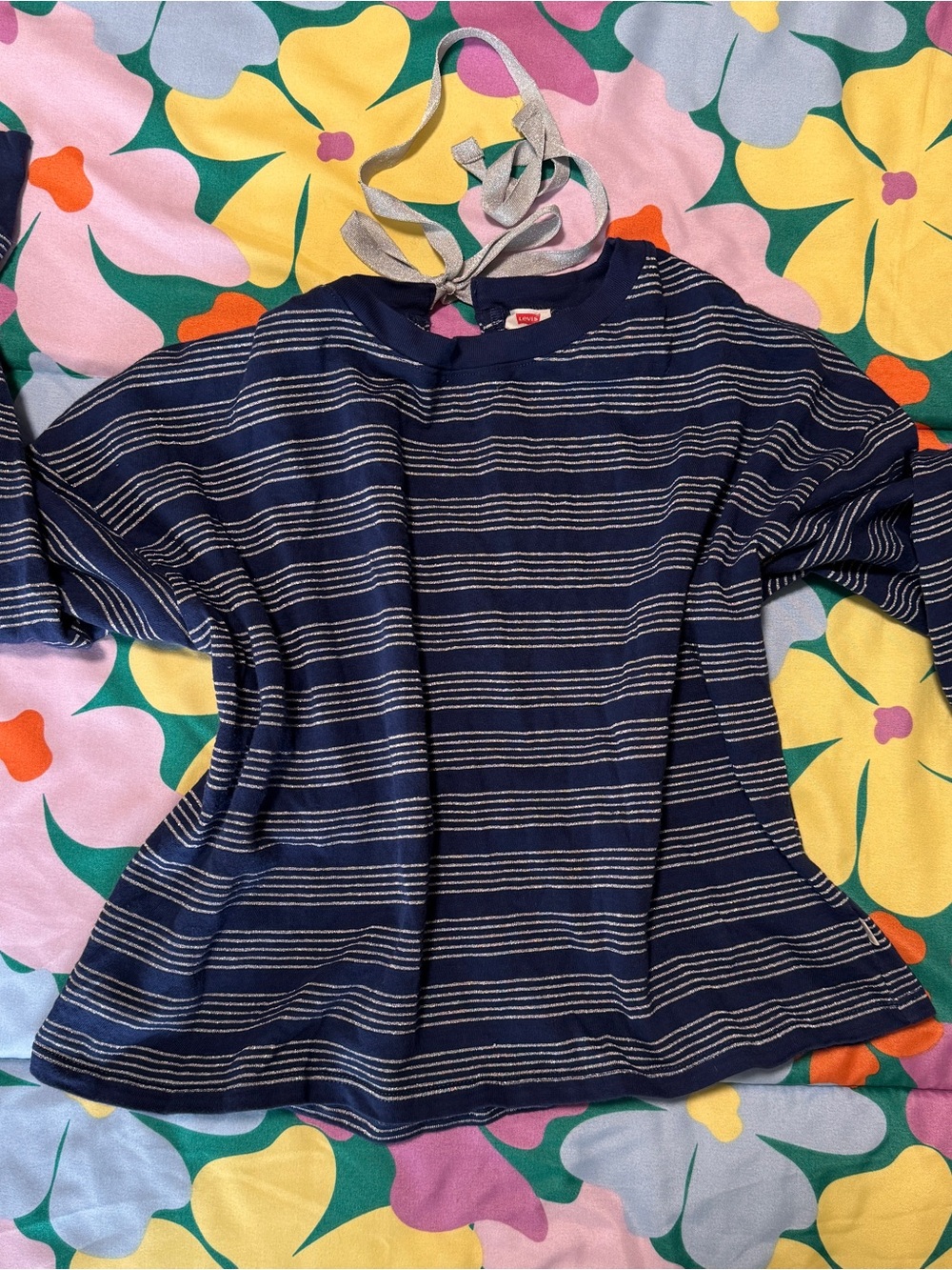 Levi's Navy and White Striped Long Sleeve Top With Keyhole Bow on back